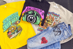 screen printed T-shirts, jeans and apparel